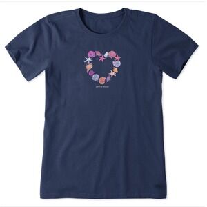 Life is Good Womens Crusher Tee Navy Blue Shell Heart Graphic T-Shirt Medium NWT